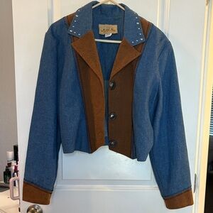 New Frontier Blue and Brown Leather Jean Jacket